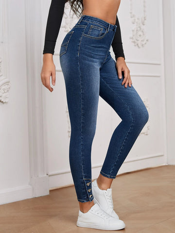 High Waist Button Hem Skinny Jeans