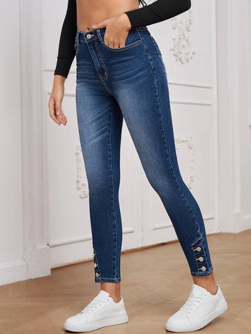 High Waist Button Hem Skinny Jeans
