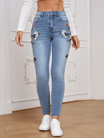 Floral Embroidery Skinny Jeans