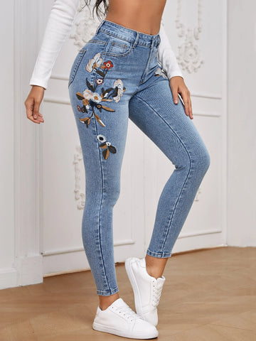 Floral Embroidery Skinny Jeans