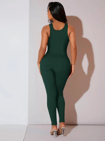 Solid Ribbed Knit Unitard Jumpsuit