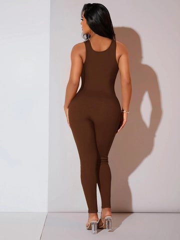Solid Ribbed Knit Unitard Jumpsuit