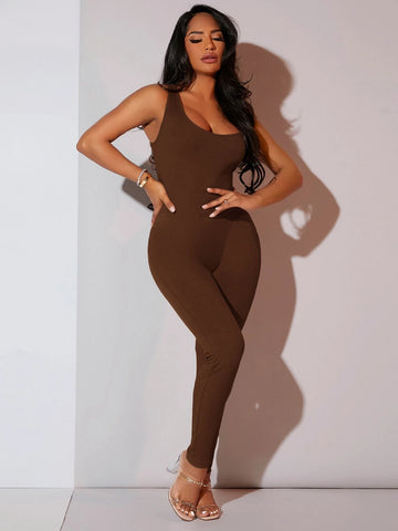 Solid Ribbed Knit Unitard Jumpsuit