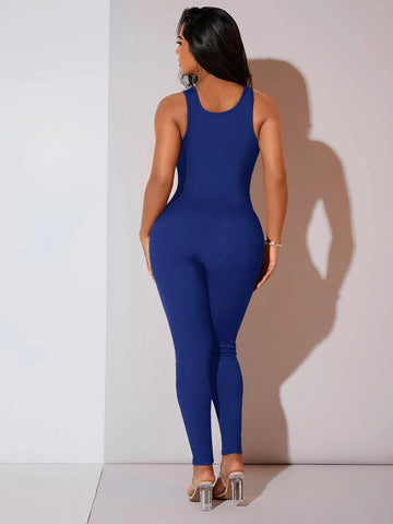 Solid Ribbed Knit Unitard Jumpsuit