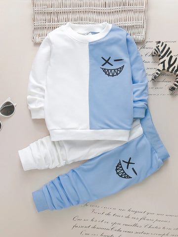 Toddler Boys Cartoon Face Print Two Tone Sweatshirt & Sweatpants