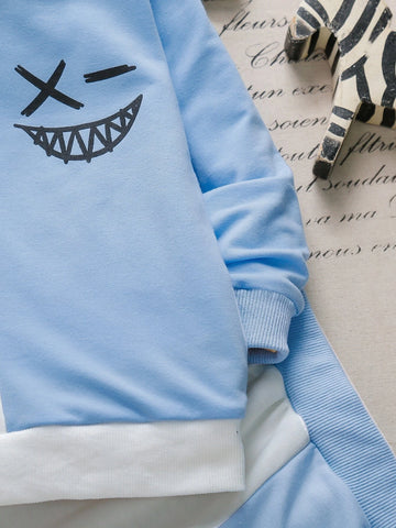 Toddler Boys Cartoon Face Print Two Tone Sweatshirt & Sweatpants