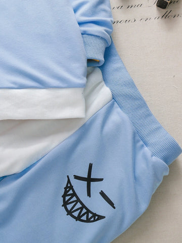 Toddler Boys Cartoon Face Print Two Tone Sweatshirt & Sweatpants