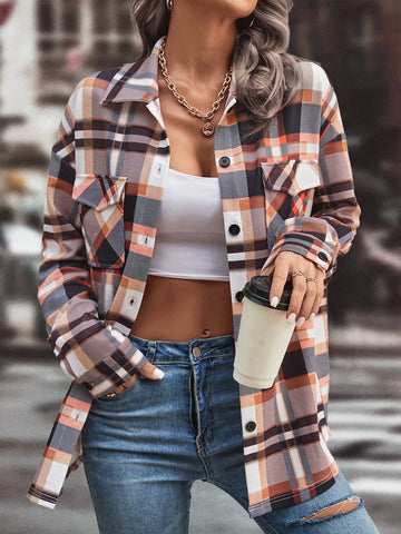 Plaid Print Flap Pocket Drop Shoulder Shirt