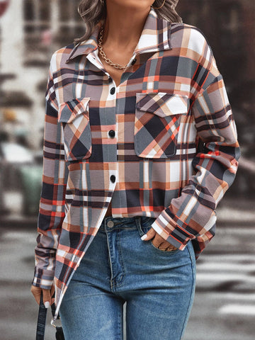 Plaid Print Flap Pocket Drop Shoulder Shirt