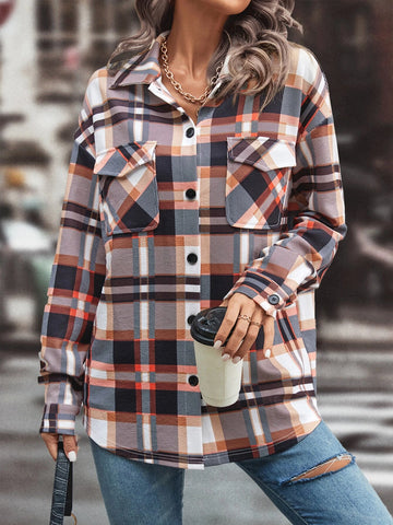 Plaid Print Flap Pocket Drop Shoulder Shirt