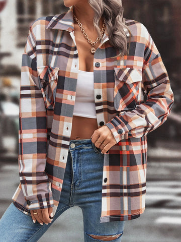 Plaid Print Flap Pocket Drop Shoulder Shirt