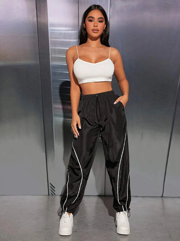 Contrast Piping Drawstring Waist Pants