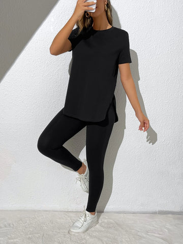 EZwear Solid Split Side Tee & Leggings