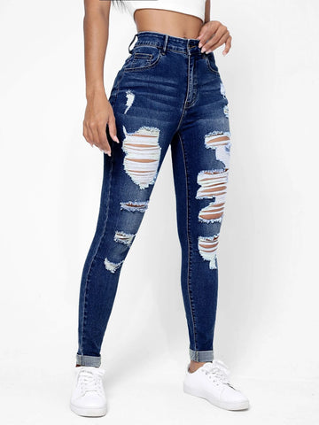 Ripped Frayed Slant Pocket Skinny Jeans