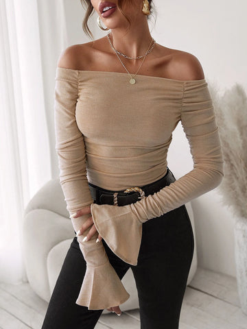 Off Shoulder Flounce Sleeve Ruched Bodysuit