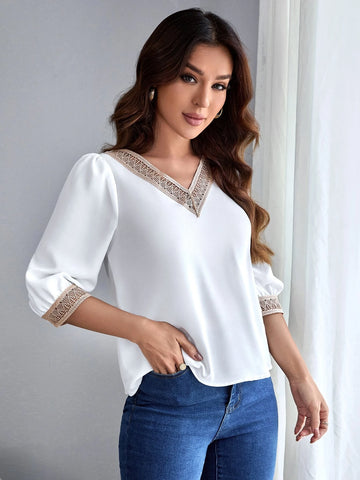 Contrast Lace Puff Sleeve Blouse