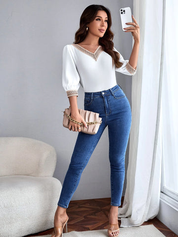 Contrast Lace Puff Sleeve Blouse