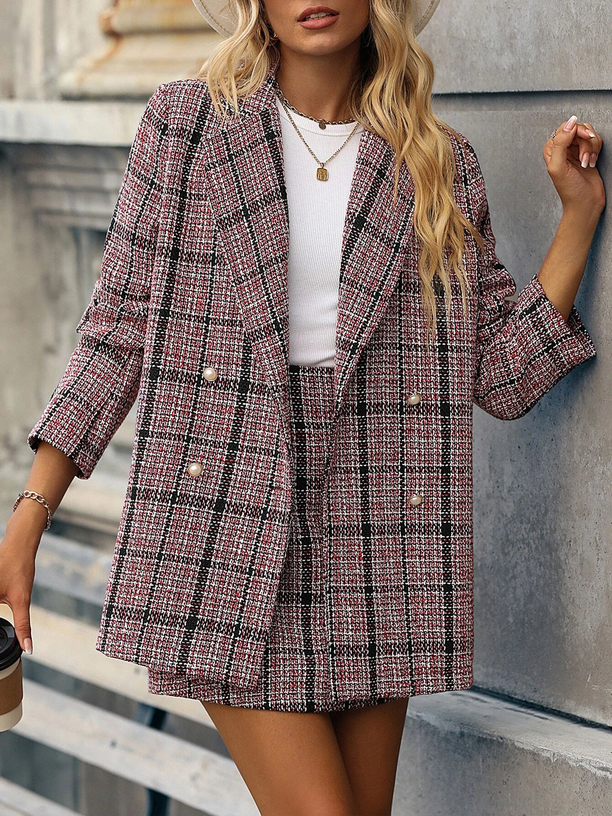Plaid Print Double Breasted Blazer & Skirt
