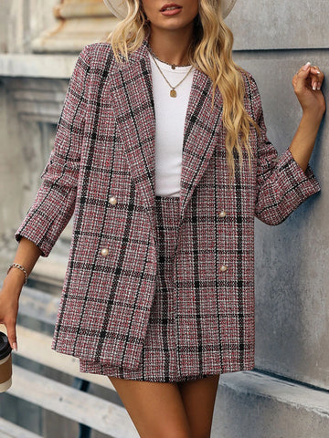Plaid Print Double Breasted Blazer & Skirt