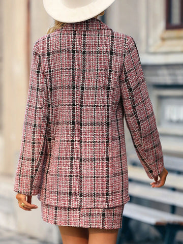 Plaid Print Double Breasted Blazer & Skirt