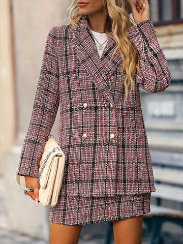 Plaid Print Double Breasted Blazer & Skirt