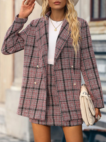 Plaid Print Double Breasted Blazer & Skirt