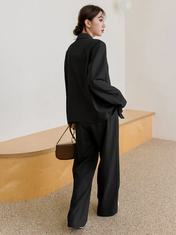 DAZY Lapel Neck Blazer & Fold Pleated Tailored Pants