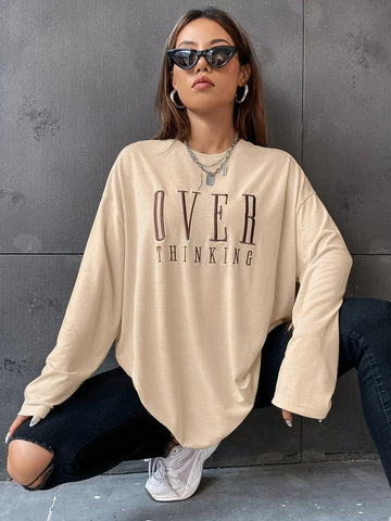 Letter Embroidery Drop Shoulder Tee