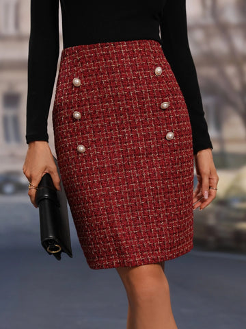 High Waist Plaid Fake Button Tweed Skirt