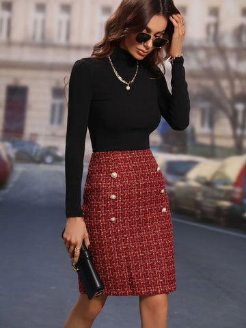 High Waist Plaid Fake Button Tweed Skirt