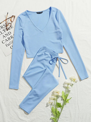 V-neck Rib-knit Solid Tee and Knotted Waist Leggings Set