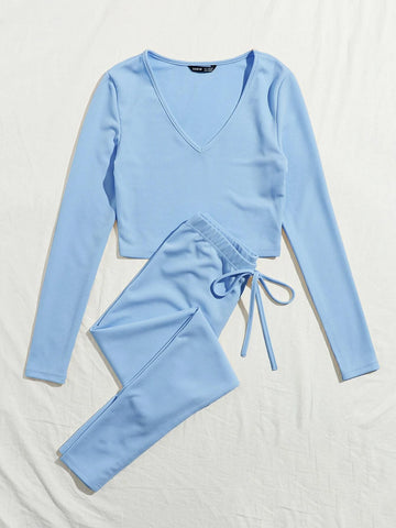 V-neck Rib-knit Solid Tee and Knotted Waist Leggings Set