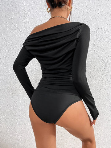Asymmetrical Neck Ruched Bodysuit