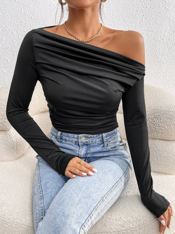 Asymmetrical Neck Ruched Bodysuit
