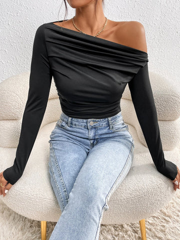 Asymmetrical Neck Ruched Bodysuit
