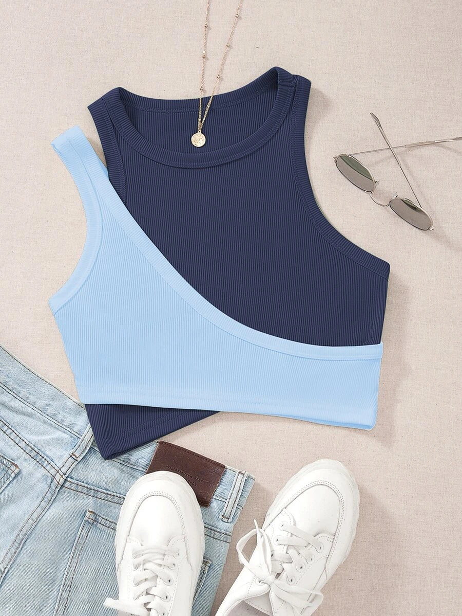 Two Tone Cut Out Crop Tank Top