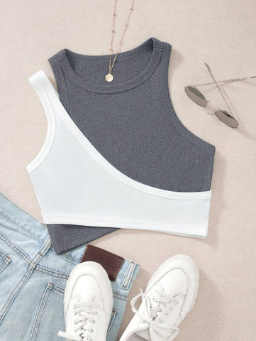Two Tone Cut Out Crop Tank Top