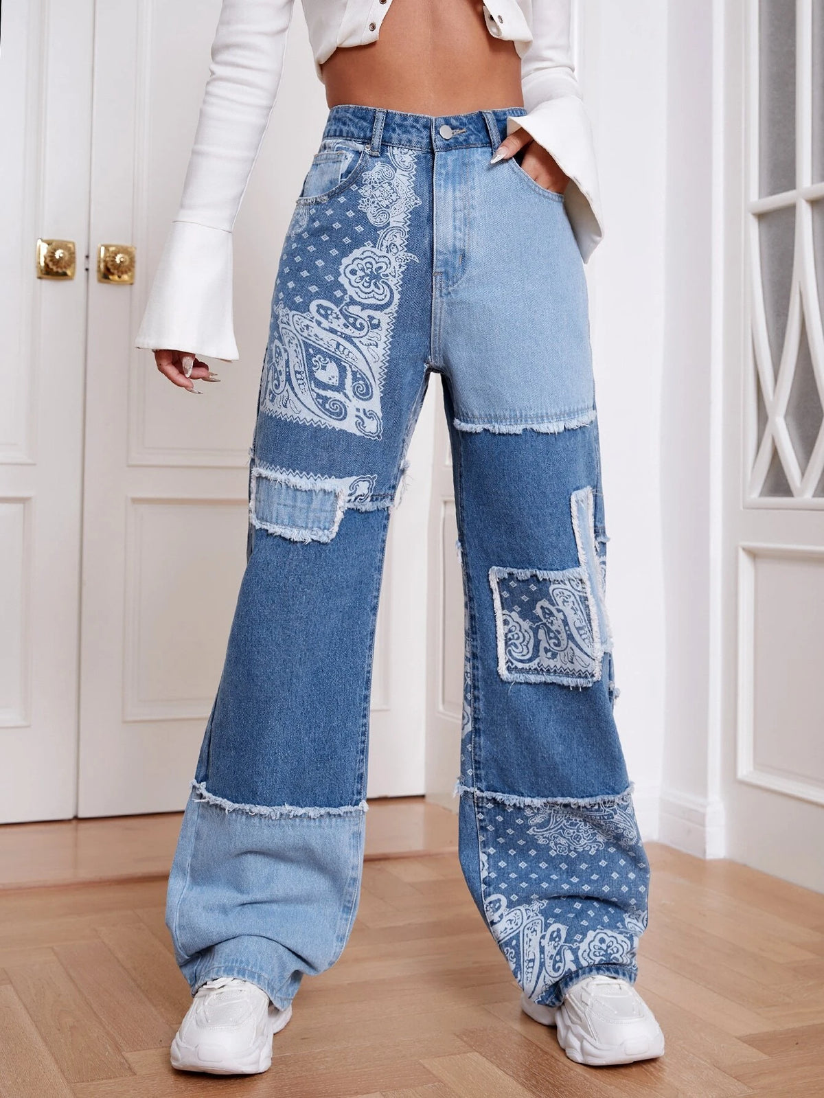 Paisley Print Patchwork Print Boyfriend Jeans