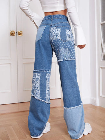 Paisley Print Patchwork Print Boyfriend Jeans