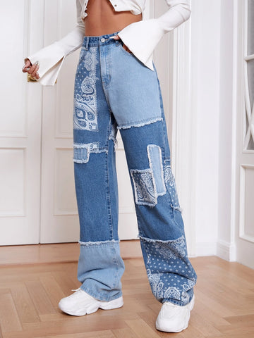 Paisley Print Patchwork Print Boyfriend Jeans