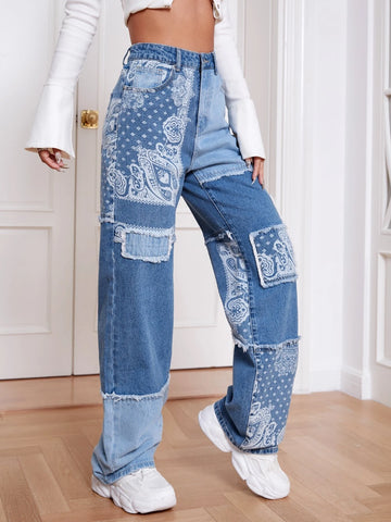 Paisley Print Patchwork Print Boyfriend Jeans