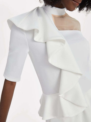 Mock Neck Mesh Yoke Ruffle Trim Tee