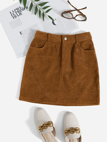 Corduroy Dual Pockets Straight Mini Skirt