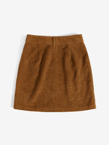 Corduroy Dual Pockets Straight Mini Skirt