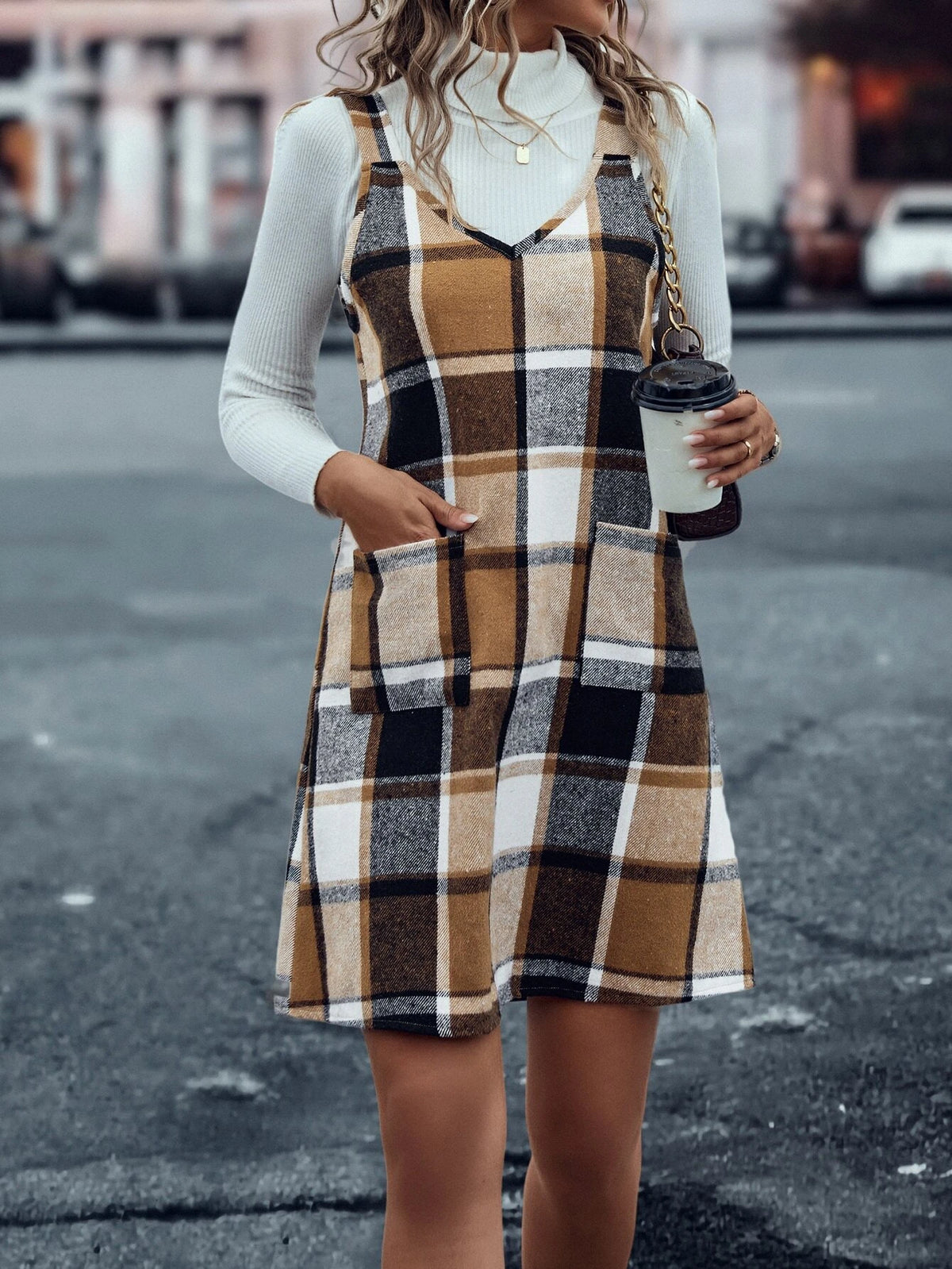Plaid Print Dual Pocket Overall Dress Without Sweater