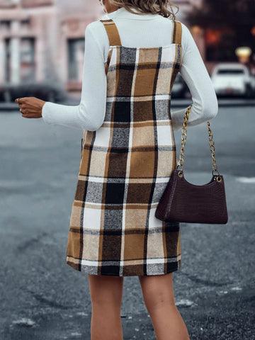 Plaid Print Dual Pocket Overall Dress Without Sweater