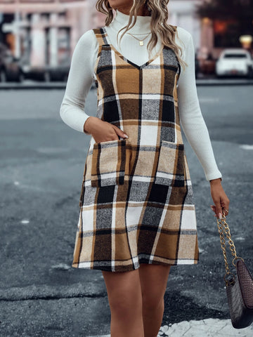 Plaid Print Dual Pocket Overall Dress Without Sweater