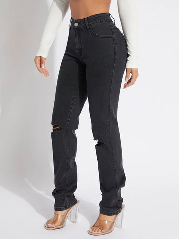 SXY High Waist Ripped Straight Leg Jeans