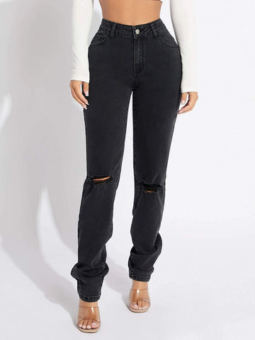 SXY High Waist Ripped Straight Leg Jeans