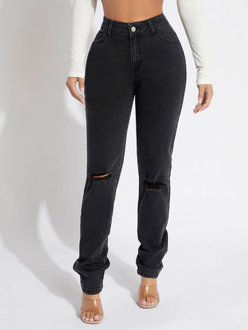 SXY High Waist Ripped Straight Leg Jeans